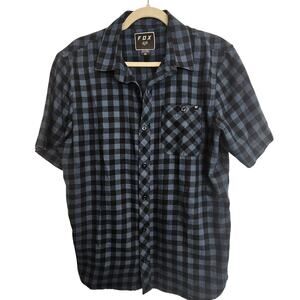 Fox Shirt Blue Black Checker Short Sleeve Shirt Button Front Men M Top